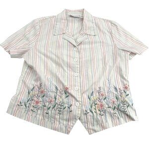 Alfred Dunner Petite Striped Floral Embroidered Button-Up Shirt 10P‎